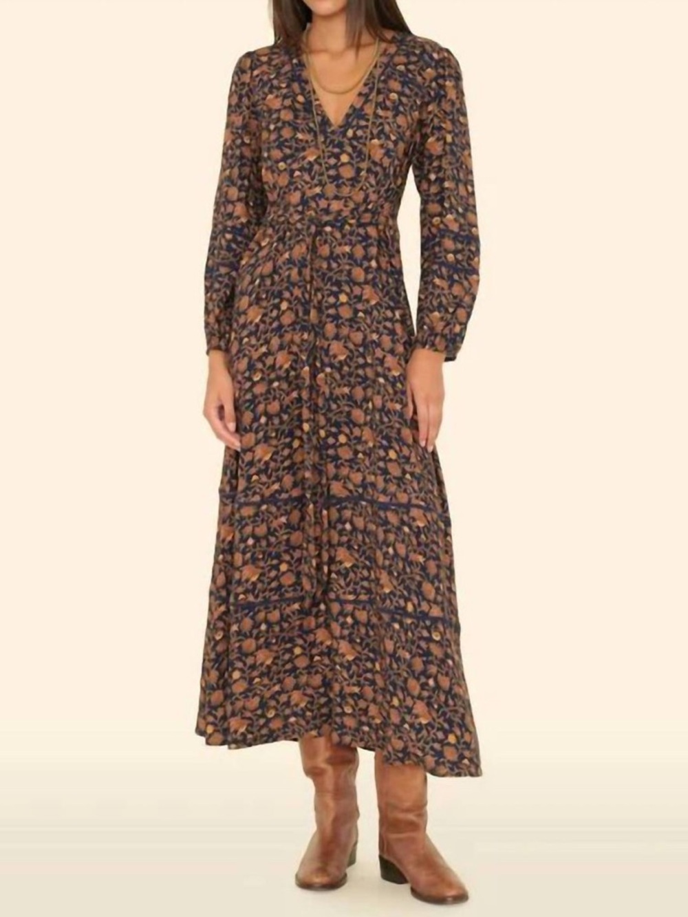 Xirena Charly Midi Dress Floral Long Sleeve Brown & Navy Blue | XL